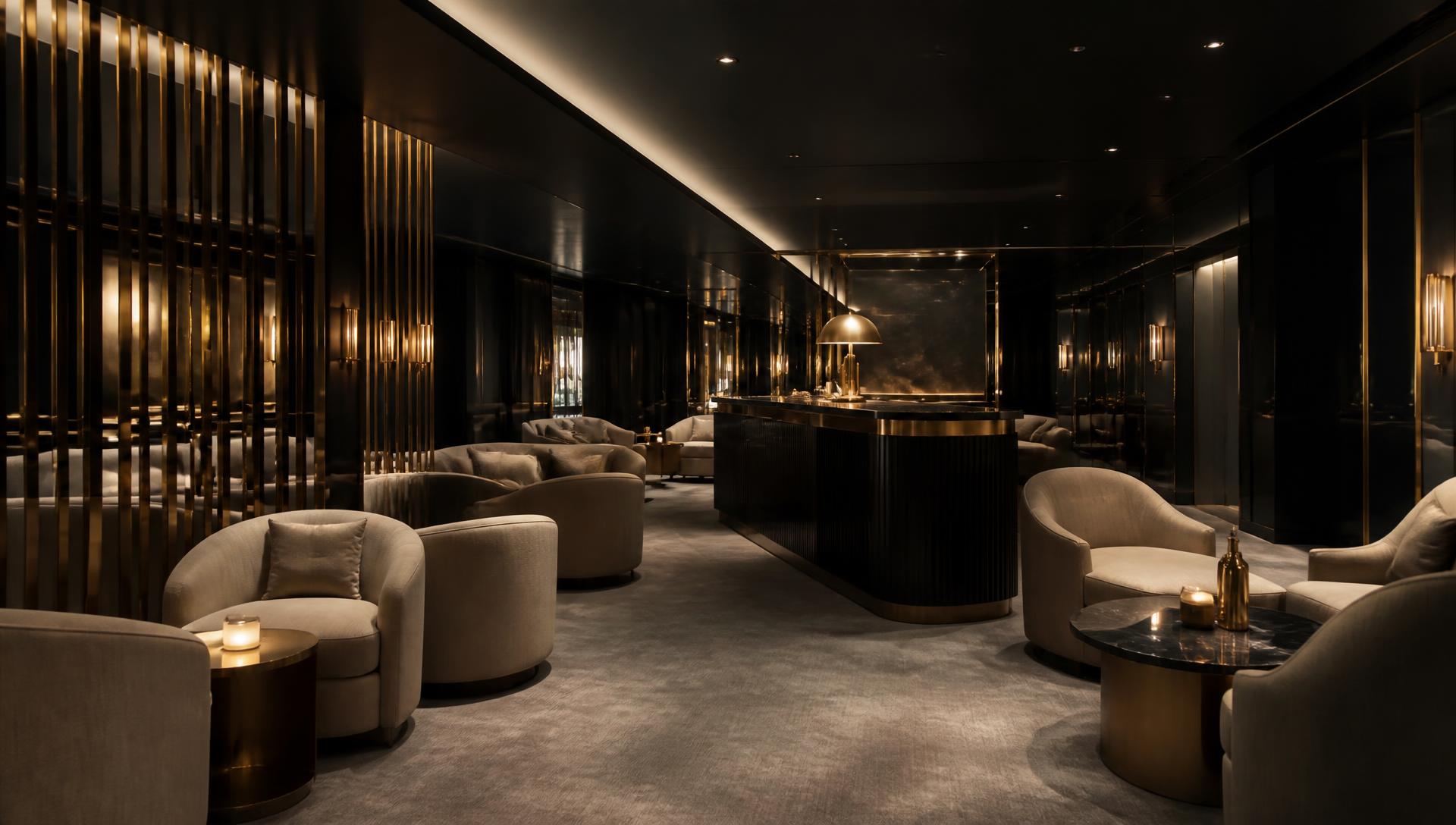 Luxury lounge interior with black lacquer walls, ivory seating and champagne gold detailing