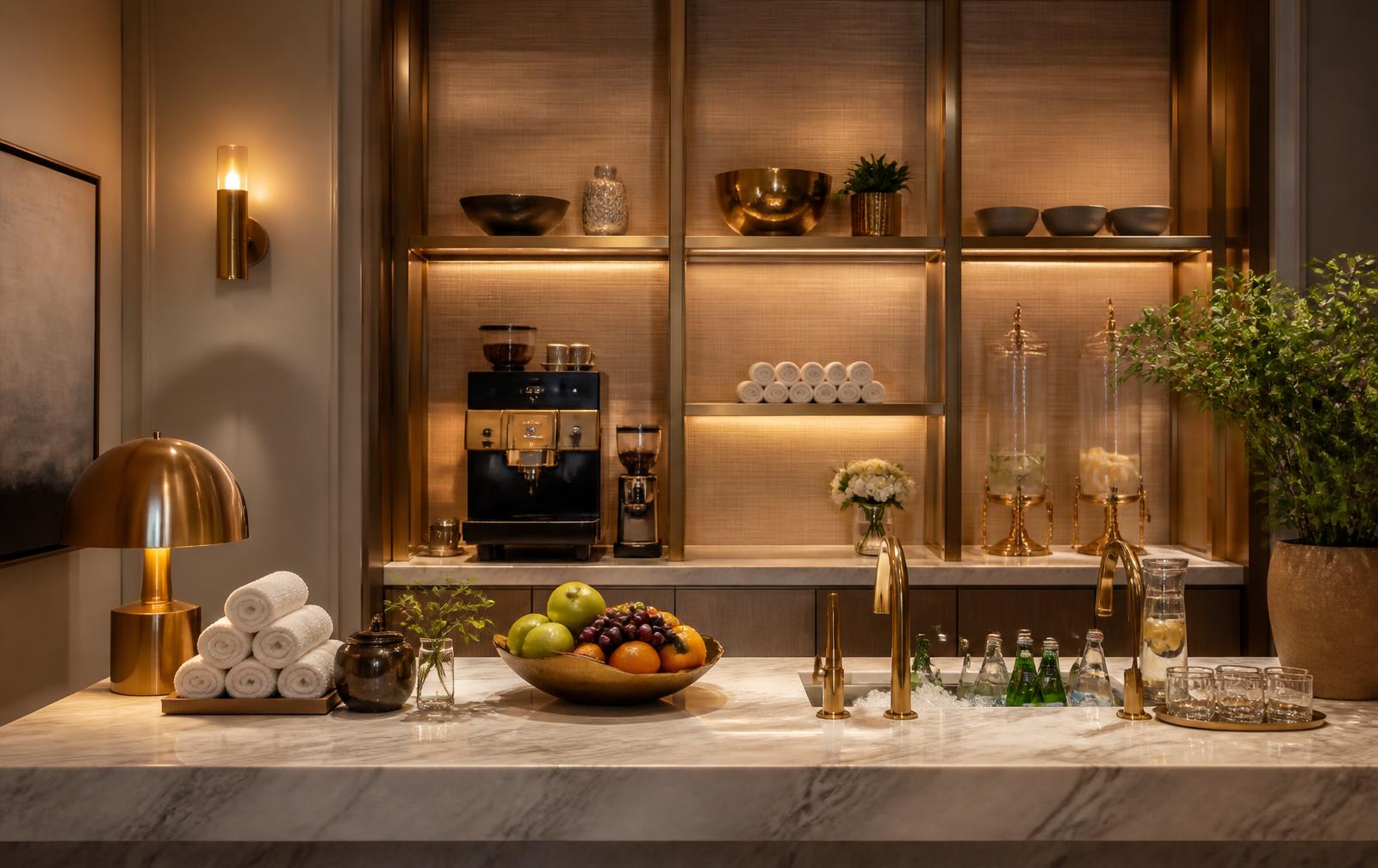 Marble refreshment counter with coffee service, fruit, water and rolled towels