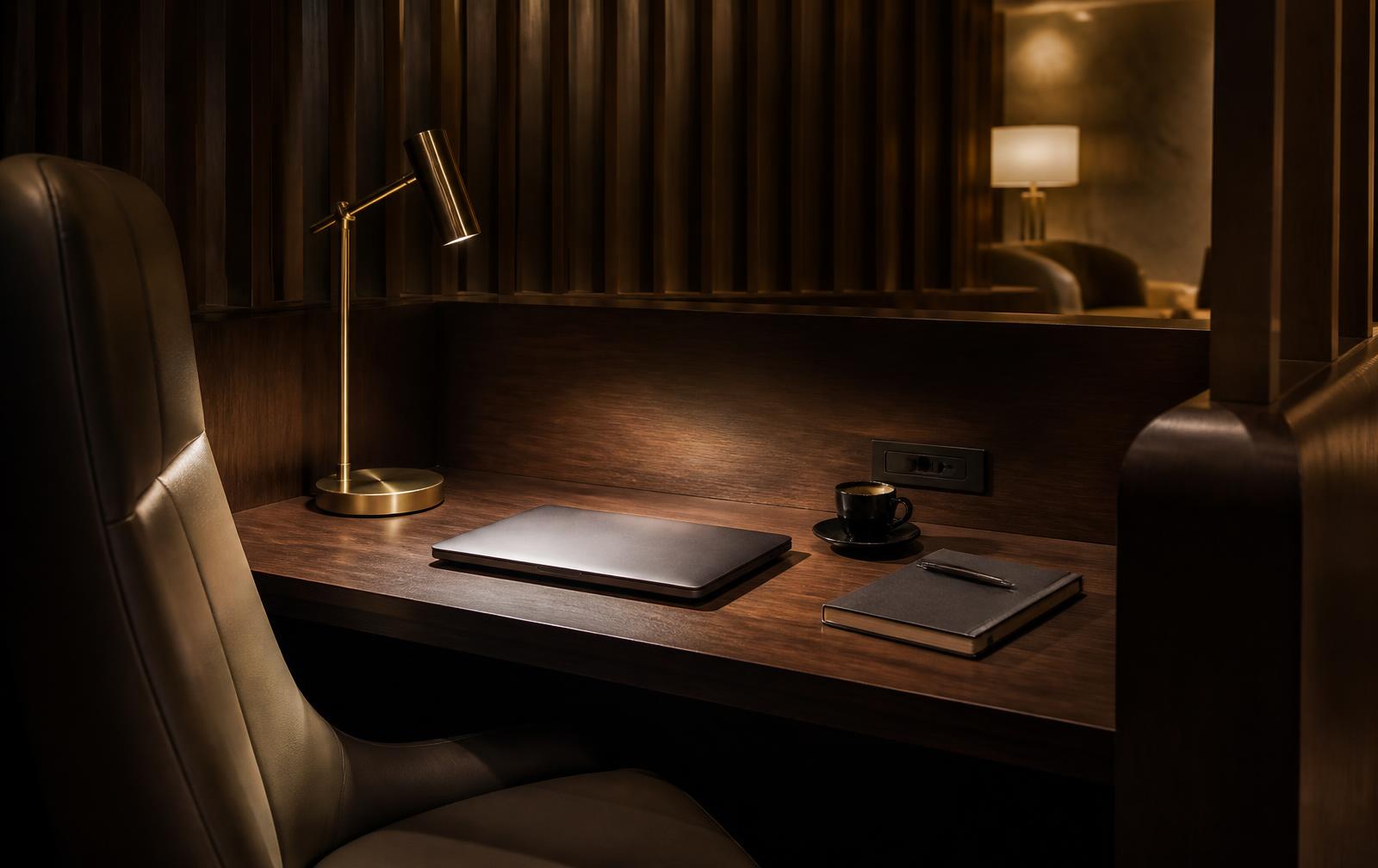 Dark walnut workspace nook with brass task lamp, laptop and espresso